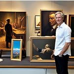 2873478525_An artist standing in front of several works by an_xl-beta-v2-2-2